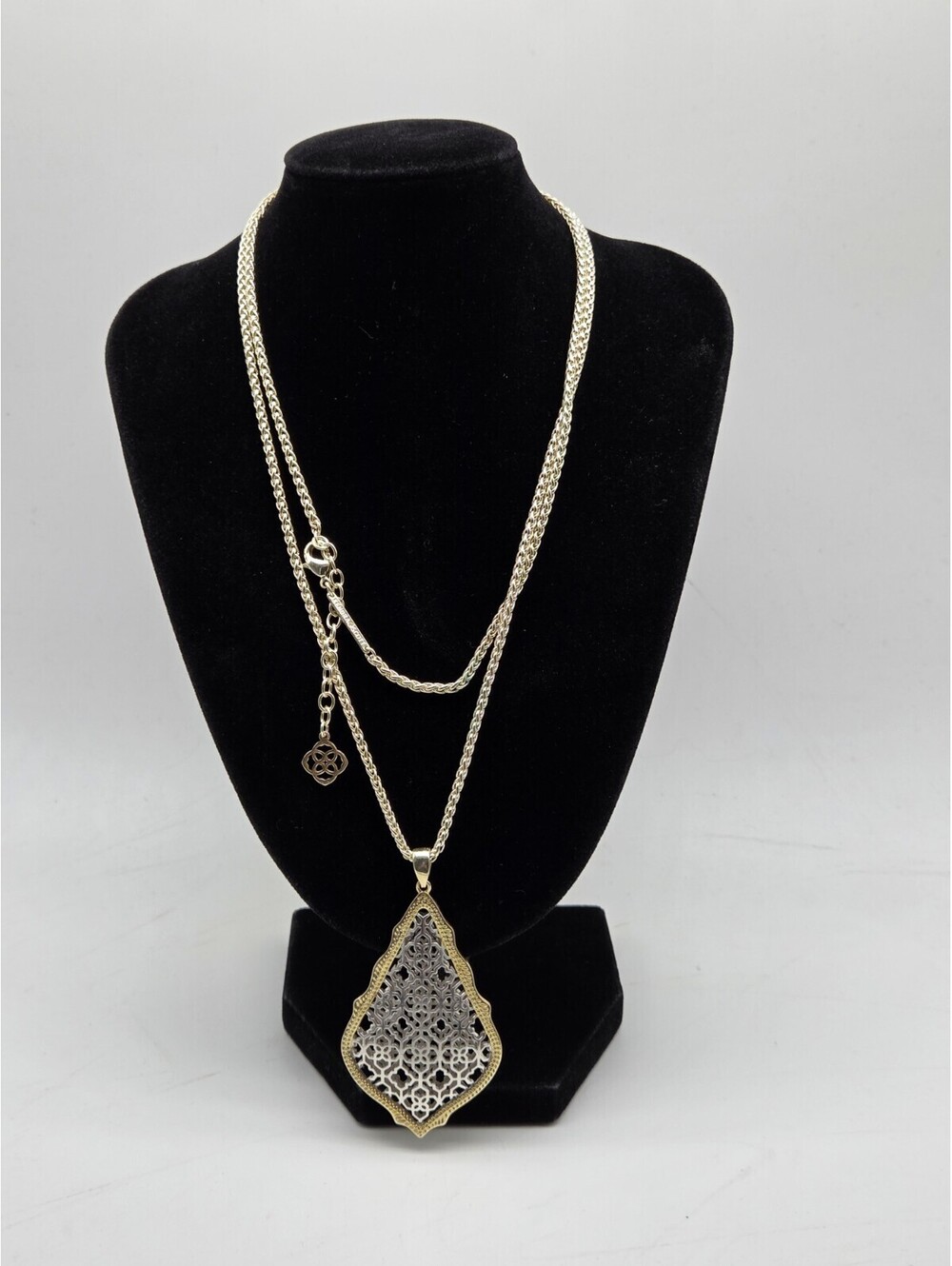 Kendra Scott Aiden Two Tone Filigree Teardrop Pendant Necklace 32" Gold Silver